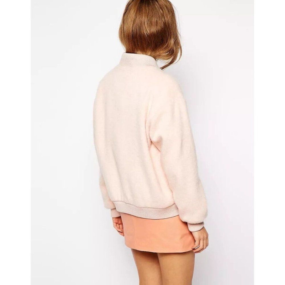 GANNI Inglewood Rose Smoke Pink Furry Wool Blend Varsity Bomber Jacket, Size L - Picture 2 of 15